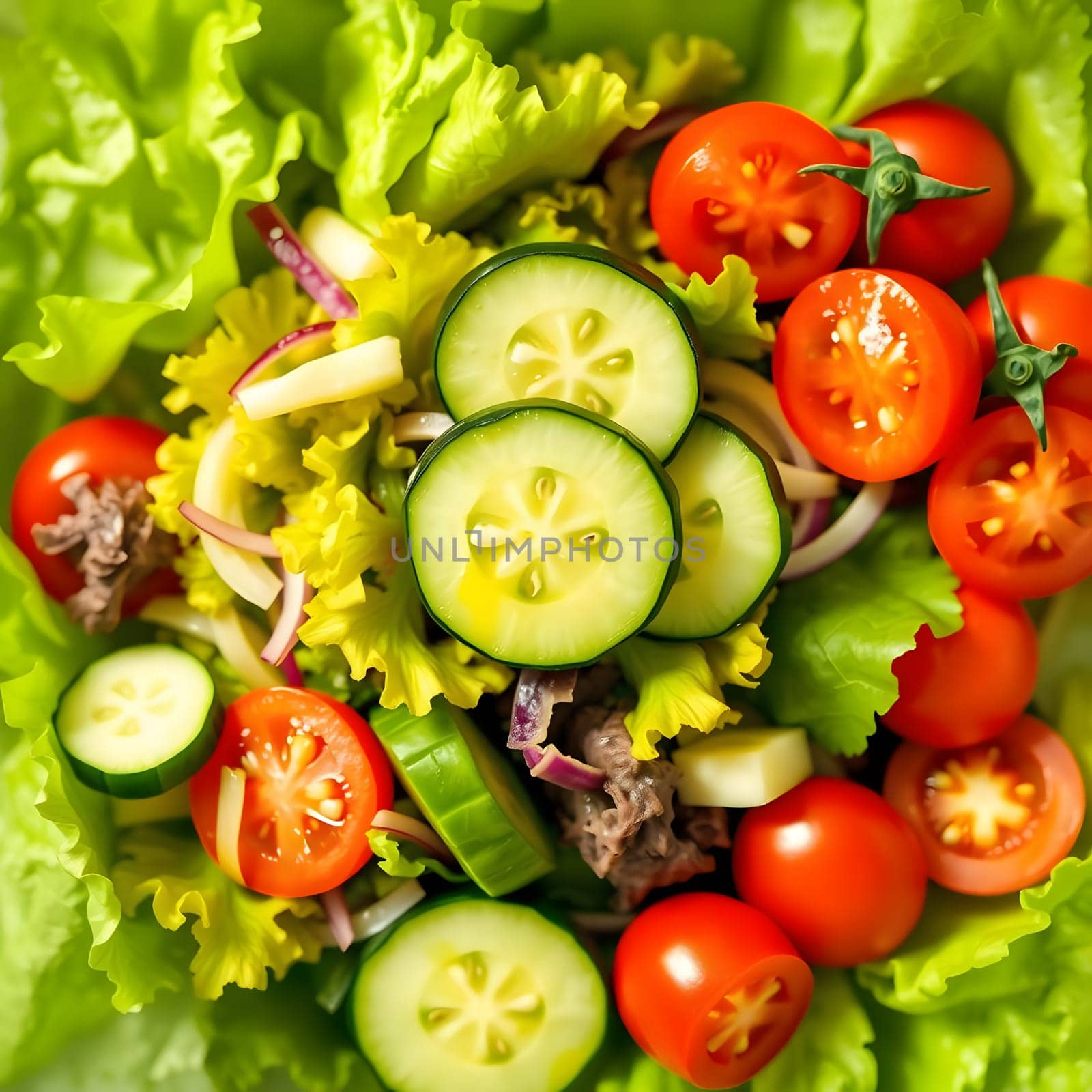 A colorful garden salad featuring vibrant cherry tomatoes, crisp cucumber slices, and fresh lettuce. The healthy mix showcases the freshness of summer produce.