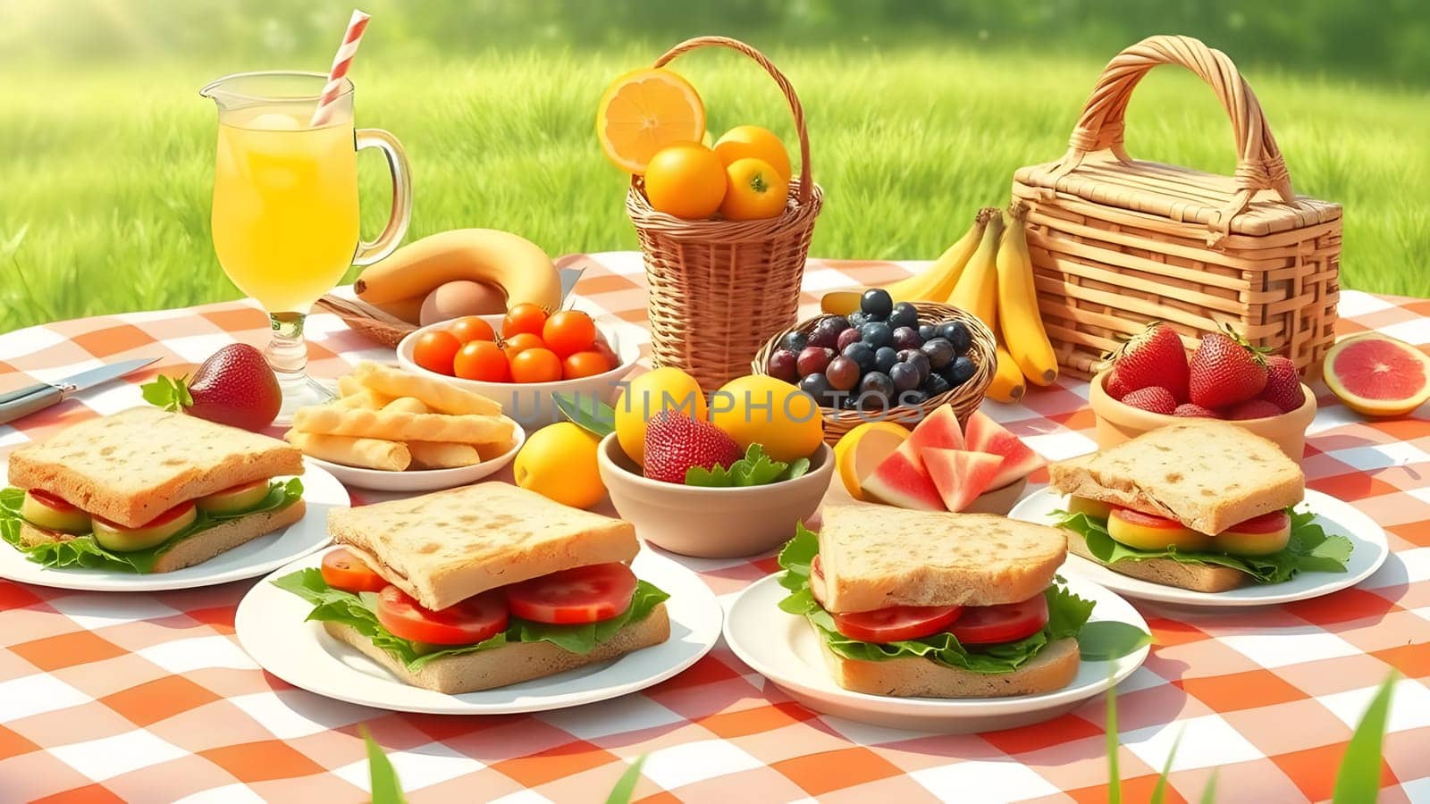 A vibrant picnic setup features sandwiches, assorted fresh fruits, and refreshing drinks on a checkered tablecloth in a sunny outdoor setting, perfect for enjoying nature and good company.