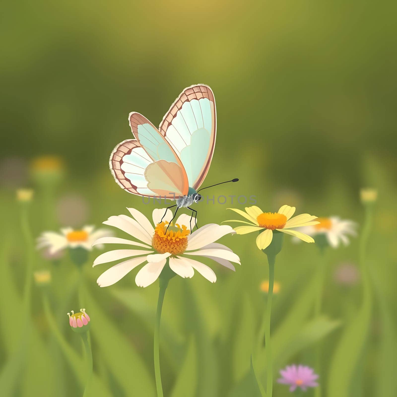 A delicate butterfly rests on a daisy, surrounded by lush green grass and other wildflowers under the warm glow of a setting sun. The scene captures the tranquility of nature.