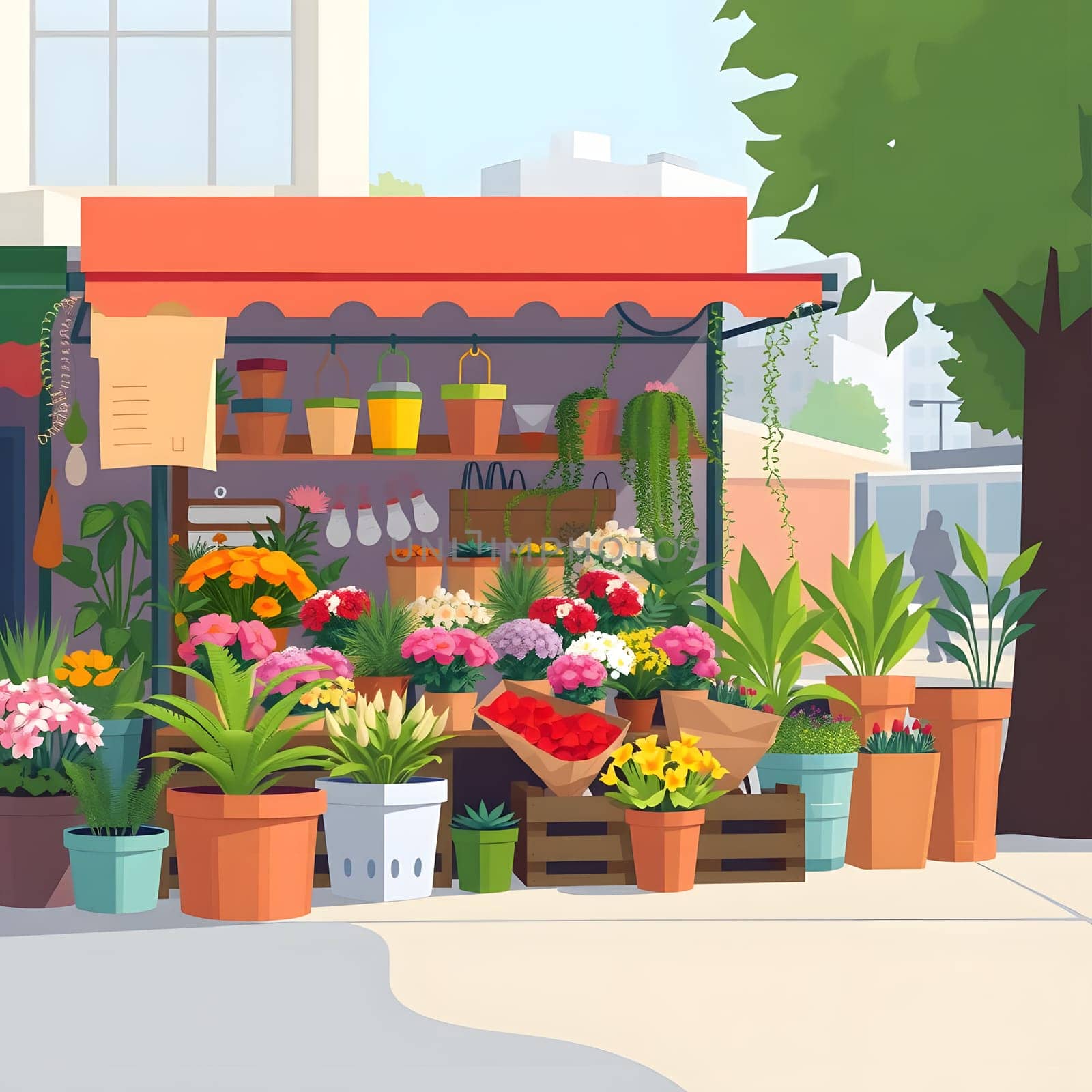 A lively flower stall showcases a variety of colorful plants and flowers, creating an inviting atmosphere in a sunny urban environment with greenery nearby.