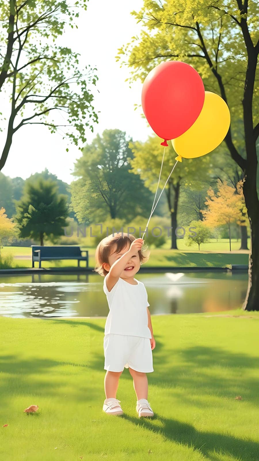 A young child stands on green grass, joyfully holding red and yellow balloons while smiling. The sun shines brightly, highlighting a beautiful park with trees and a pond nearby.