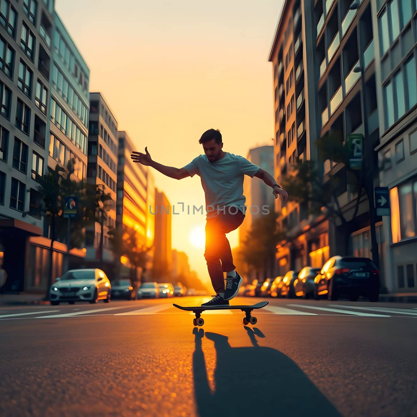 A skateboarder glides along an empty city street at sunset, casting a long shadow against the backdrop of towering buildings and warm, golden light.