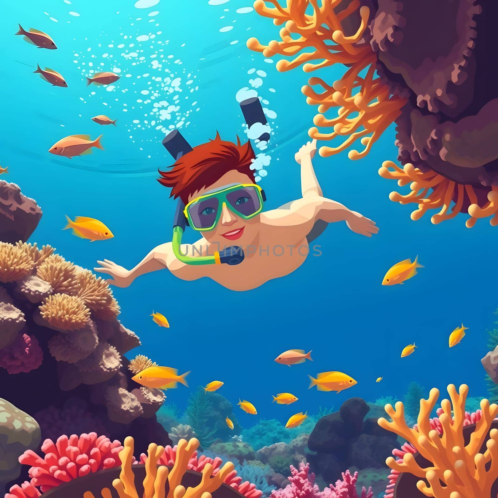 A young boy swims joyfully in crystal-clear water, wearing snorkeling gear among colorful coral reefs. Schools of small fish surround him, creating a lively underwater scene.