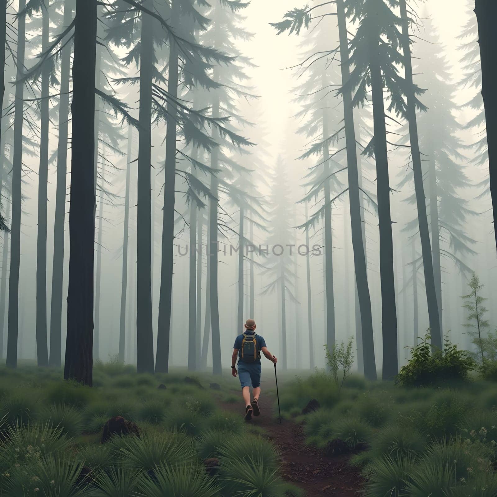 A lone hiker walks along a narrow trail in a dense forest, shrouded in morning mist. Towering trees create an ethereal atmosphere as sunlight filters through the foliage.