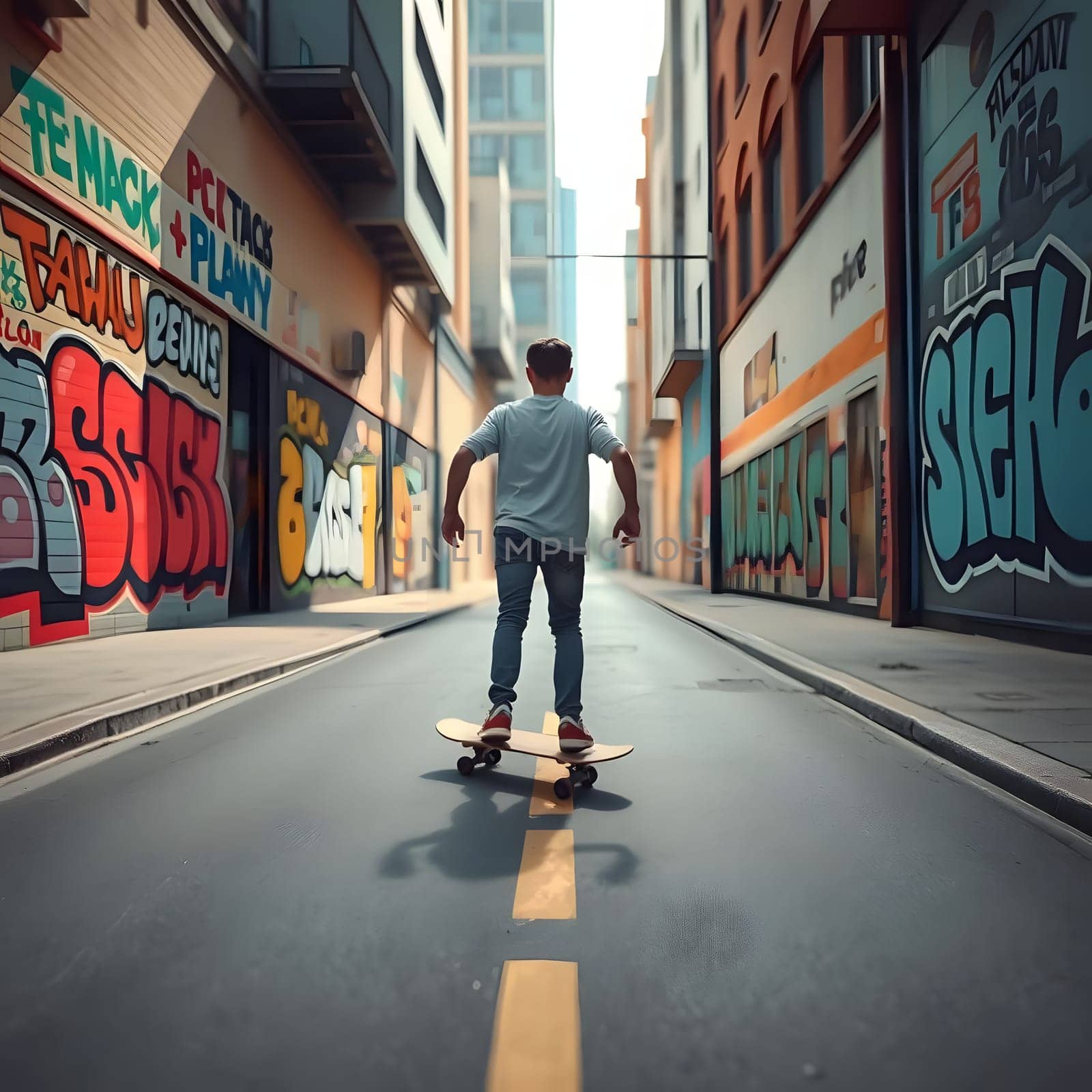 A young skateboarder rolls smoothly along a street lined with colorful graffiti. The sun casts long shadows as he navigates this lively urban environment in the late afternoon.