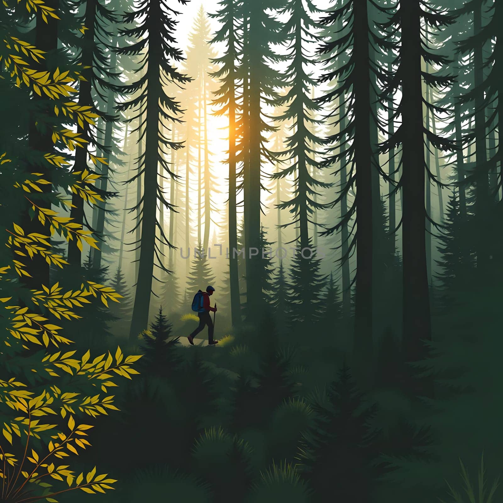 A lone hiker walks through a peaceful forest bathed in warm golden light from the setting sun, surrounded by tall evergreen trees and lush green foliage, enjoying nature's beauty.