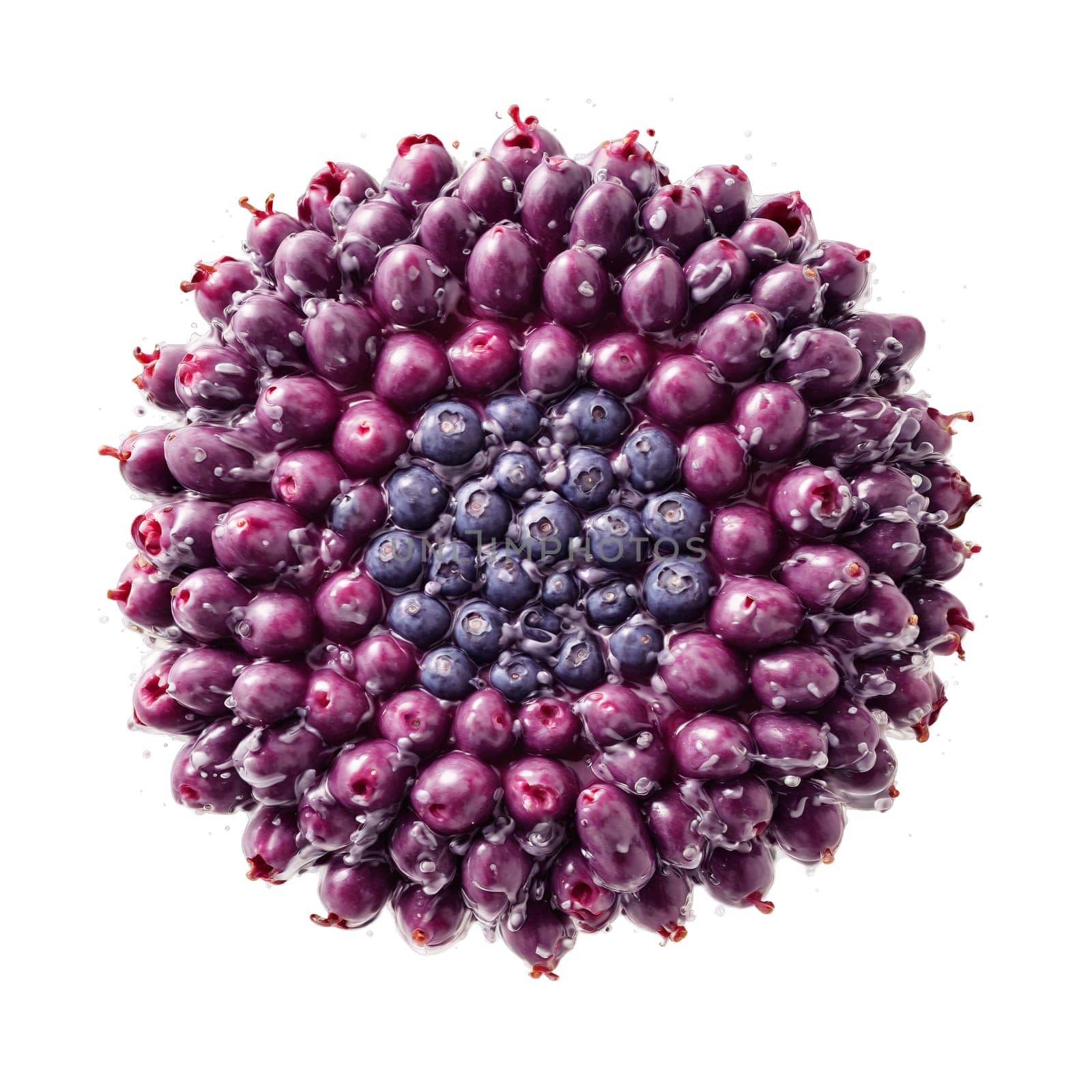 Acai berry mandala a purple arrangement of acai berries with juice swirling and pulp flying. Food isolated on transparent background.