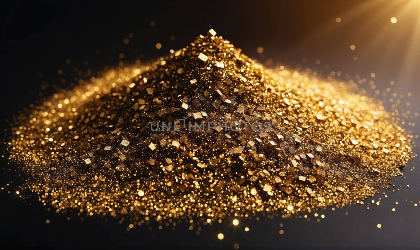 A pile of shiny, golden nuggets sits on a dark surface, illuminated by a bright light. The nuggets are various sizes and shapes, creating a textured and sparkling effect.