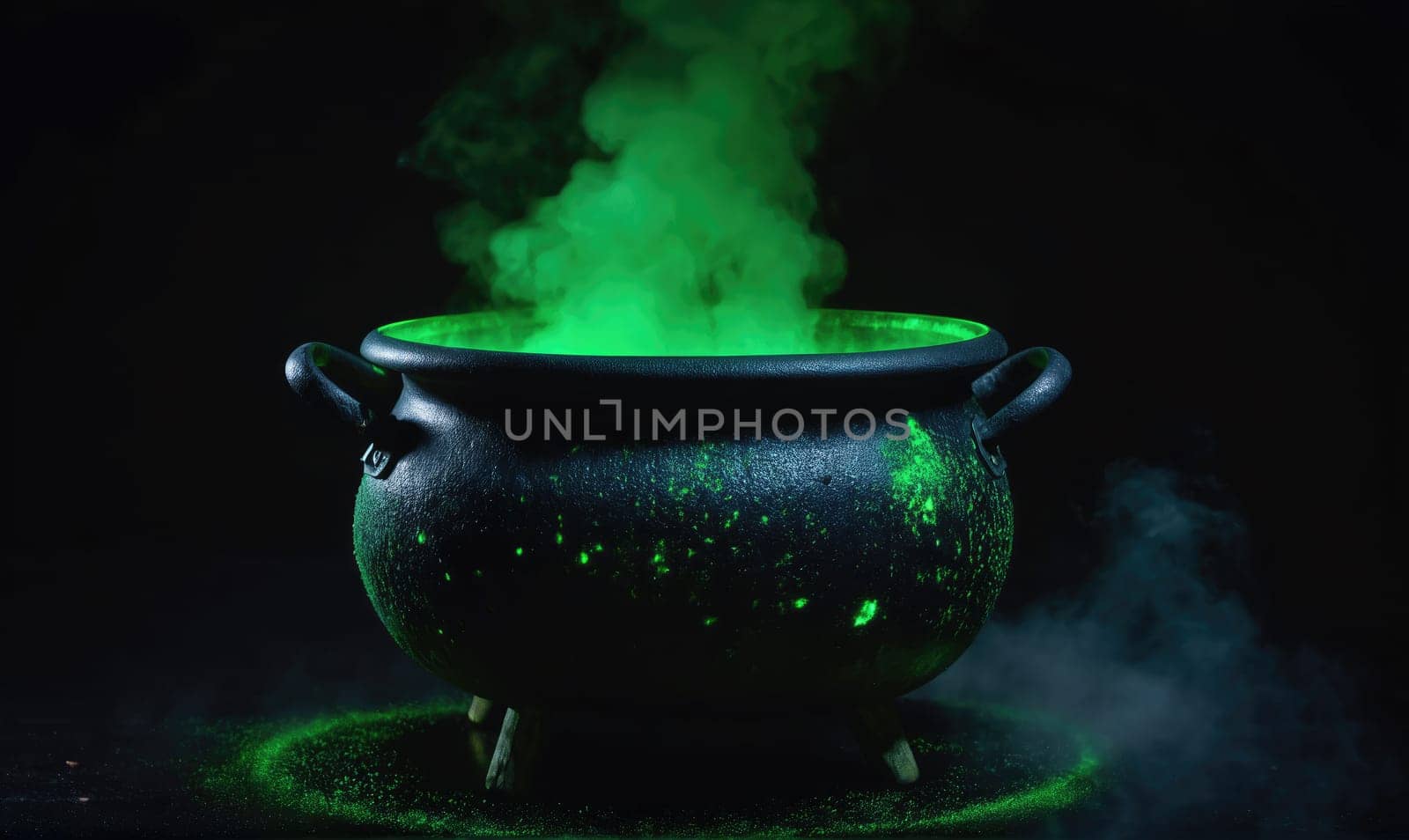 A black cauldron sits on a dark surface, with green liquid bubbling inside. The liquid is releasing wisps of green smoke into the air.
