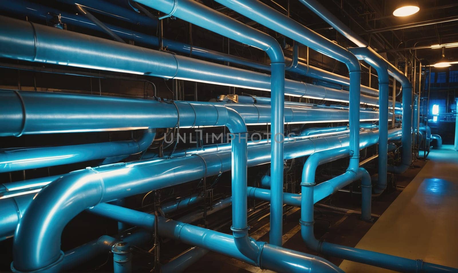 A long row of blue pipes stretches across a room, connecting and branching off in a complex pattern. The pipes are illuminated by an overhead light, casting shadows on the floor