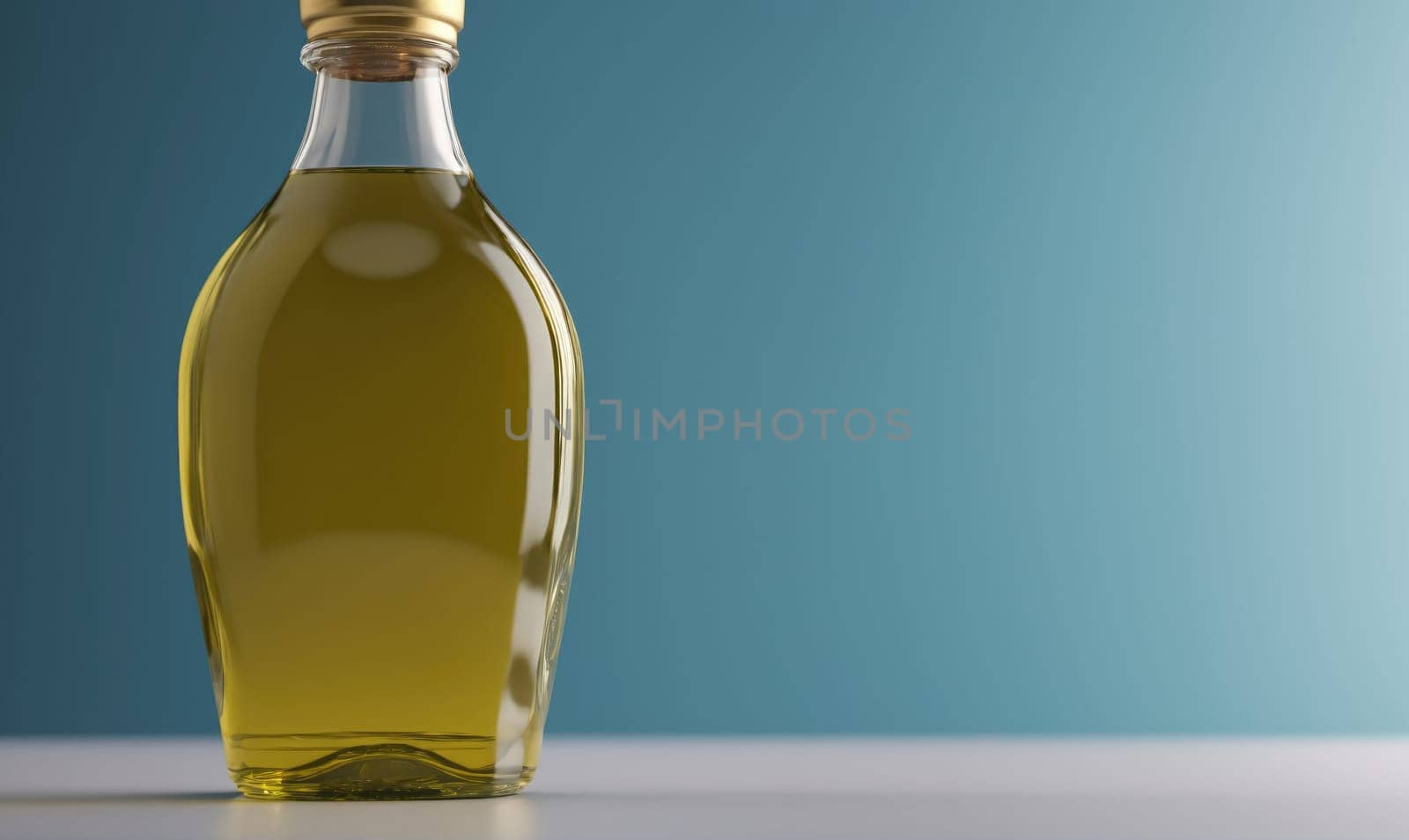 A clear glass bottle with a gold cap is filled with golden yellow olive oil. The bottle is sitting on a white surface against a light blue background.