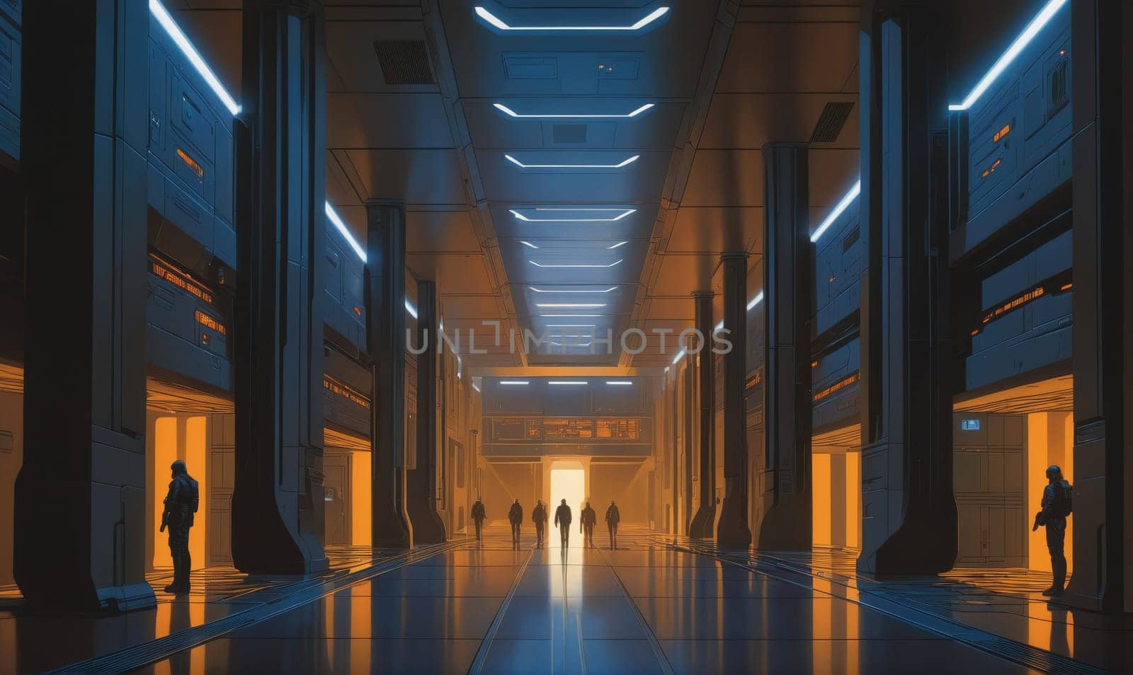 A futuristic hallway with blue lights illuminating the walls and ceiling, reflecting on the shiny floor. A group of people walk toward the light at the end of the hallway.