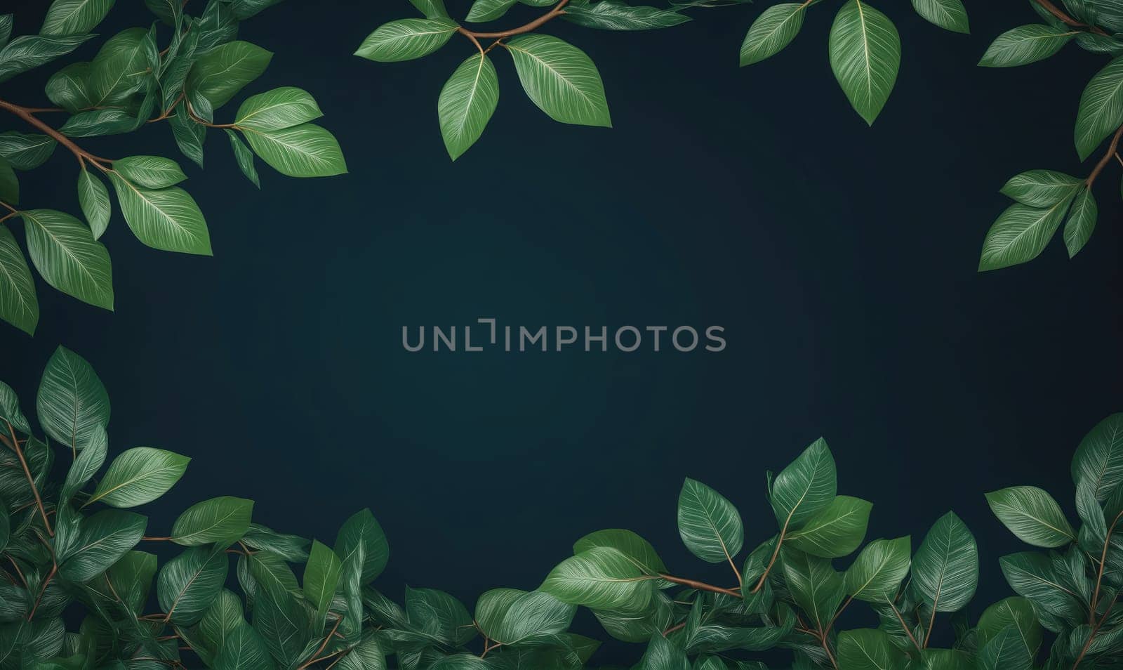 A close-up image of a dark blue background surrounded by green leaves, forming a frame.
