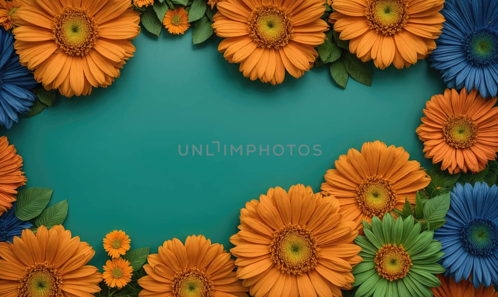 A teal background is surrounded by a frame of colorful flowers. Orange gerbera daisies are at the top and bottom of the frame, while a few blue gerbera daisies are on the sides