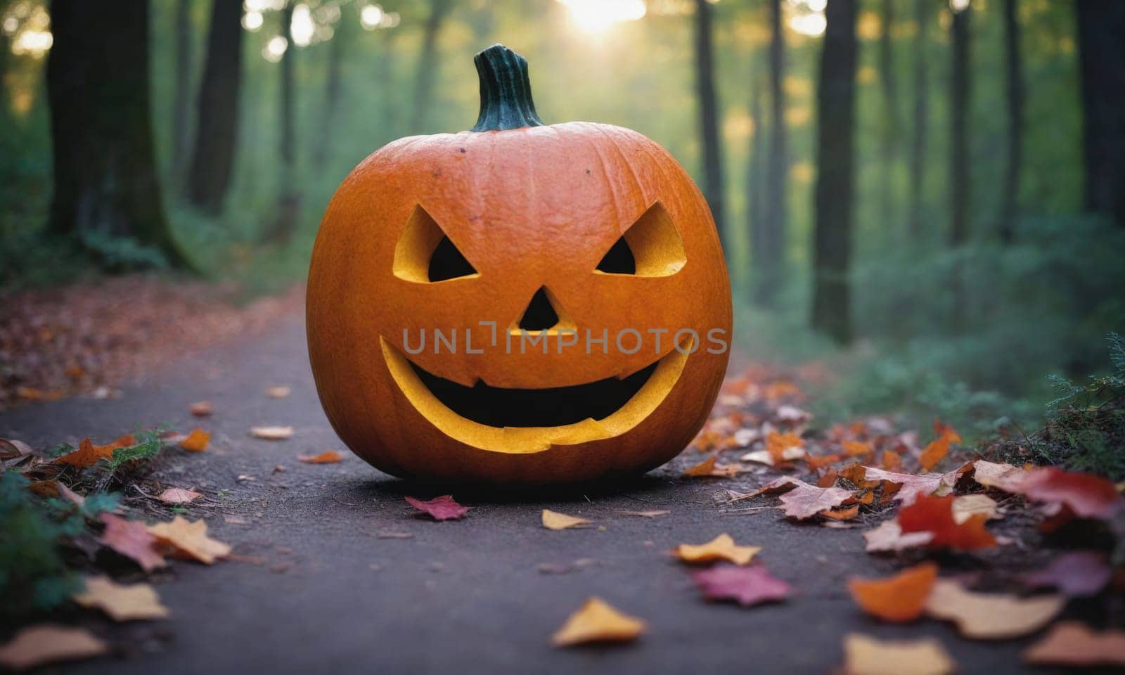 A carved pumpkin with a menacing smile rests on a path in a forest. Autumn leaves are scattered around the pumpkin and in the background, a path leads into the trees.