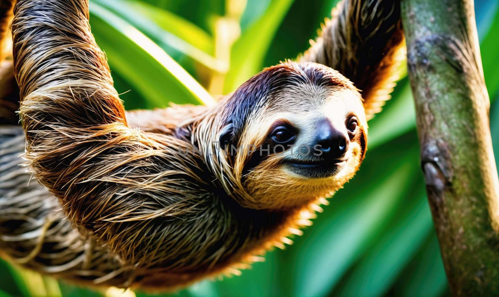 A brown sloth with long, shaggy fur is hanging upside down from a tree branch. The sloth has large, dark eyes and a small, black nose. The background is a blur of green leaves.