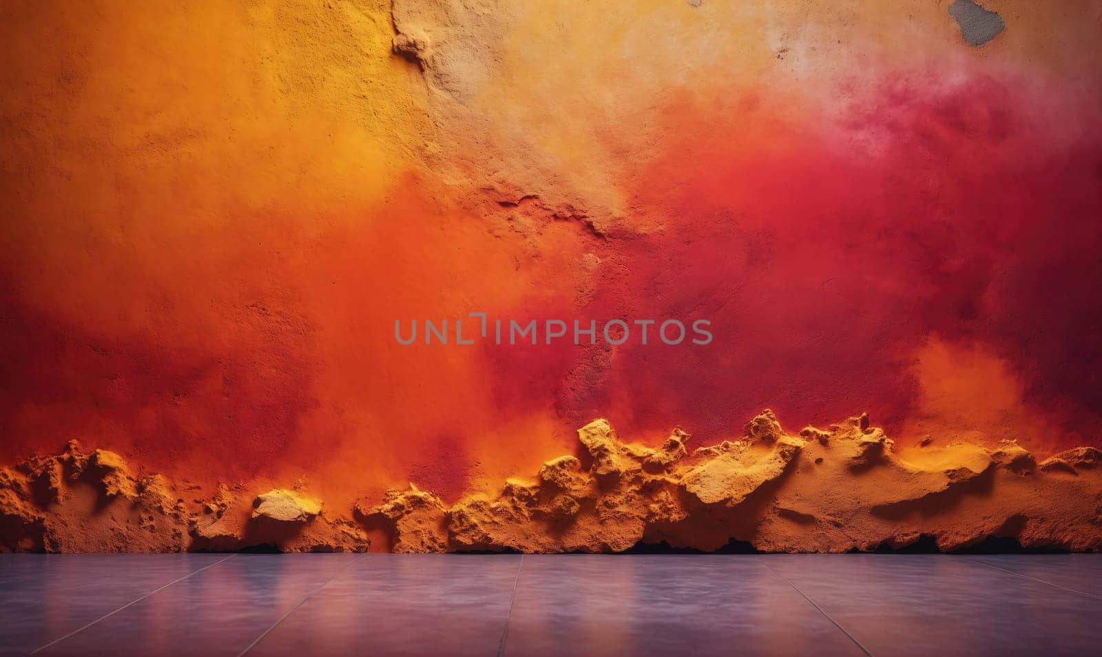The image shows a close-up of a textured wall painted in shades of orange and red. The wall has a rough, uneven surface with raised areas and crevices, creating a visually interesting texture