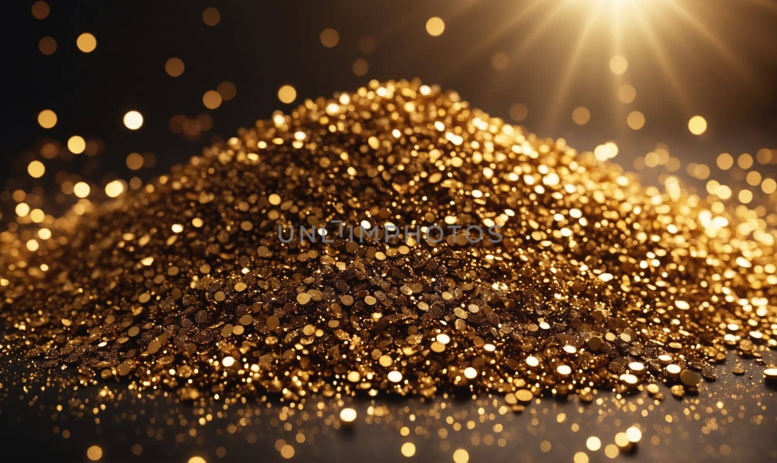 A heap of golden glitter sits on a dark surface. The glitter reflects the light, creating a shimmering effect