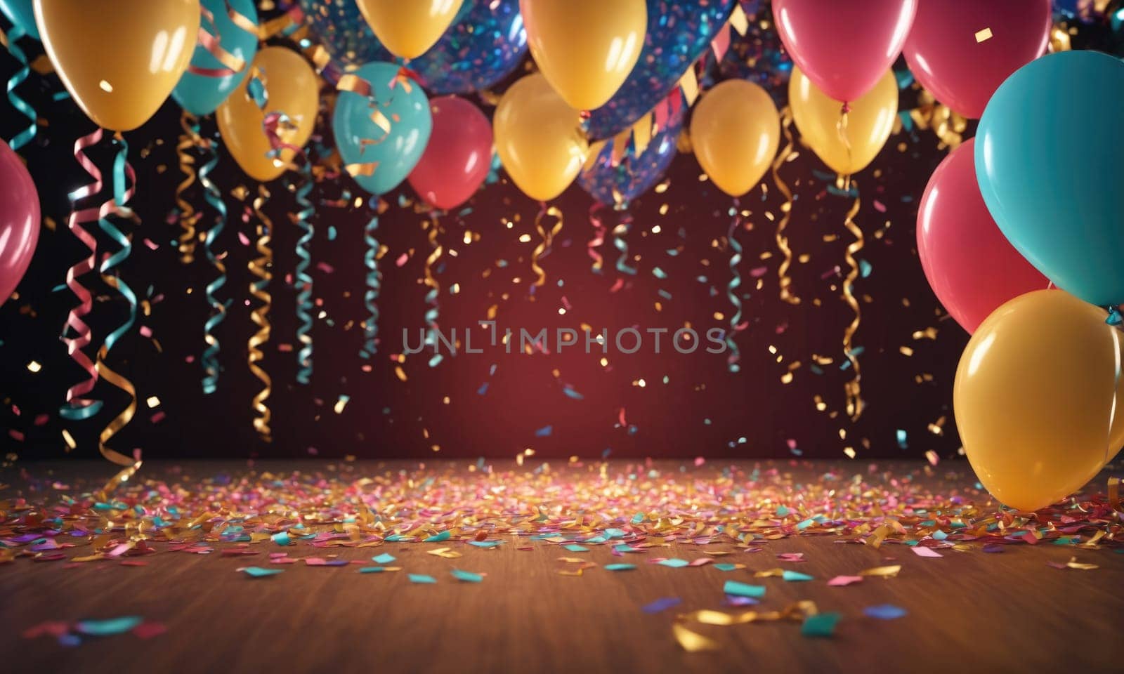 A group of colorful balloons hang from the ceiling above a wooden floor. Confetti falls from the ceiling and covers the floor, creating a festive atmosphere.