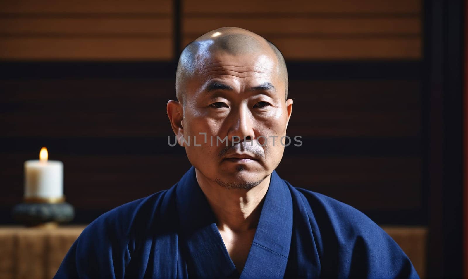 A man with a shaved head and a calm expression sits in front of a burning candle. He is wearing a dark blue robe, and his eyes are closed. The background is a dark, wooden wall.