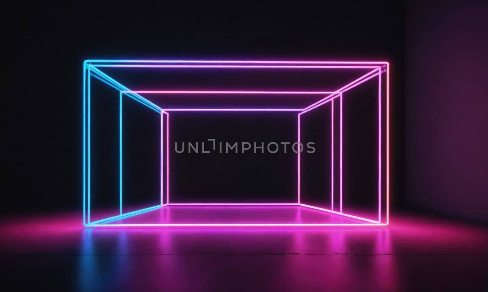 A glowing pink neon cube is suspended in a dark room. The cube is made up of multiple lines of neon light, and it is casting a pink and blue reflection on the floor.