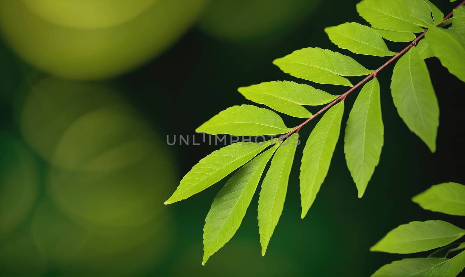 A branch with multiple green leaves extends from the right side of the image against a blurry background of other foliage. The leaves are bright green and have a smooth, textured surface