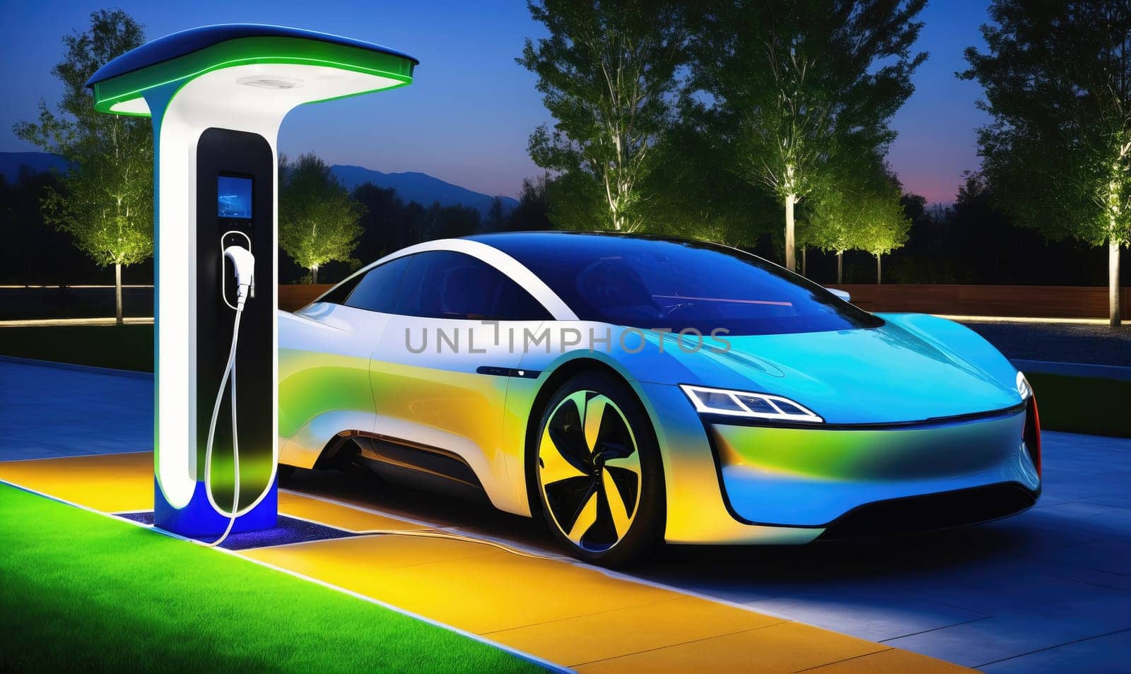 An electric car is parked in a parking lot at night. The car is blue and has a sleek design. A charging cable is connected to the car, and a charging station is in the background