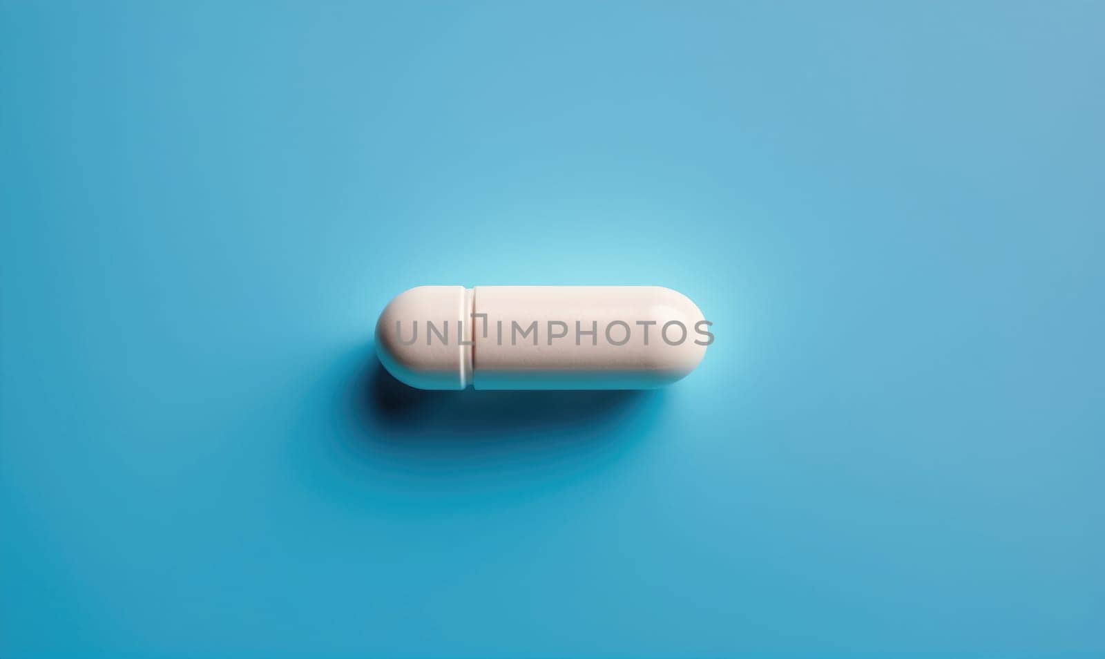 A single white capsule is lying on a plain blue background.