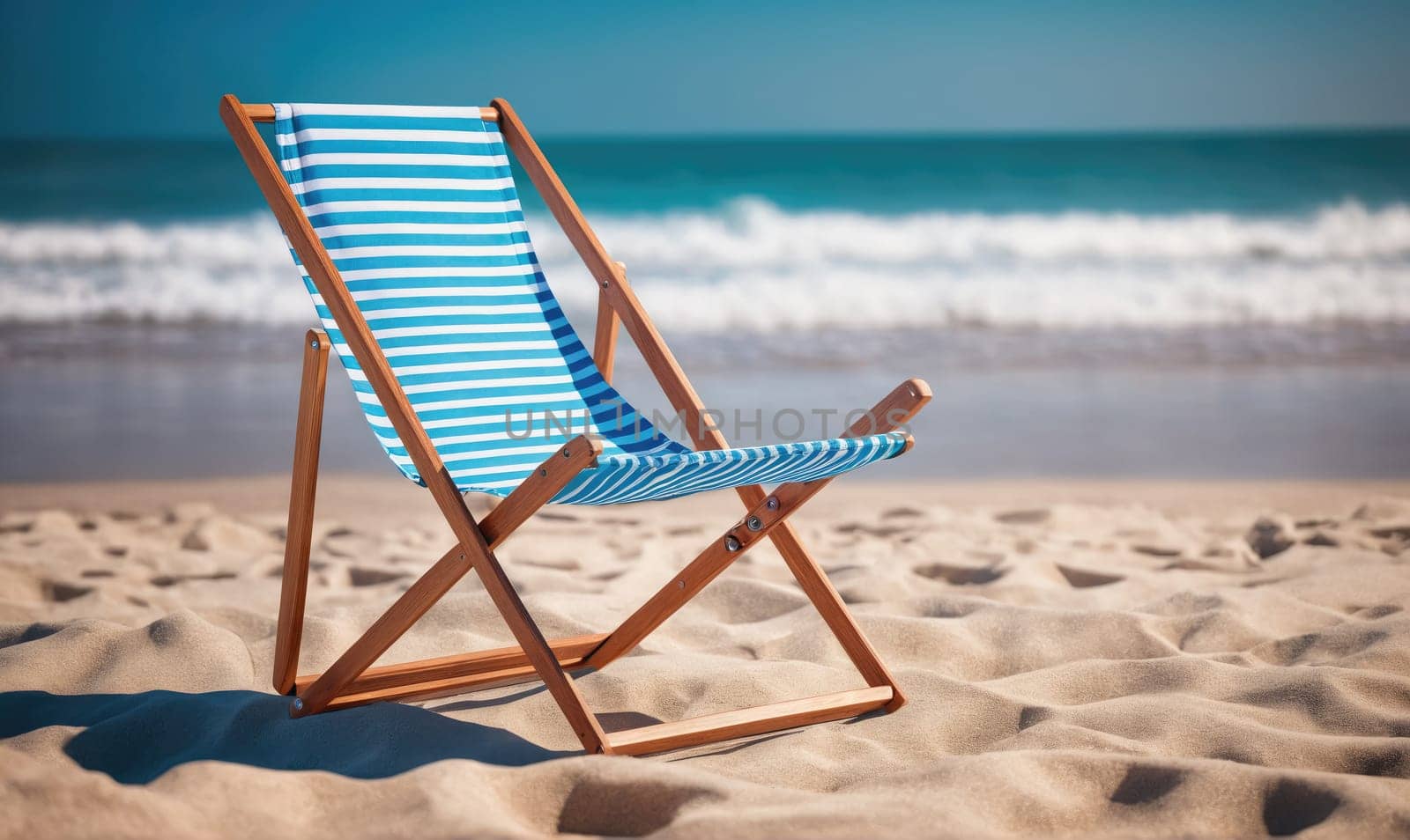 A wooden beach chair with a blue and white striped fabric seat is positioned on a sandy beach. The ocean with foamy waves is in the background.