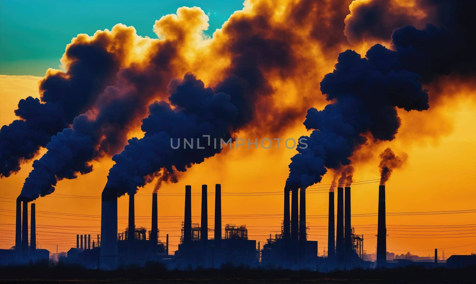 Industrial smoke plumes rise from a factory against an orange sunset sky. The dark silhouettes of chimneys and factory buildings stand out against the fiery background.
