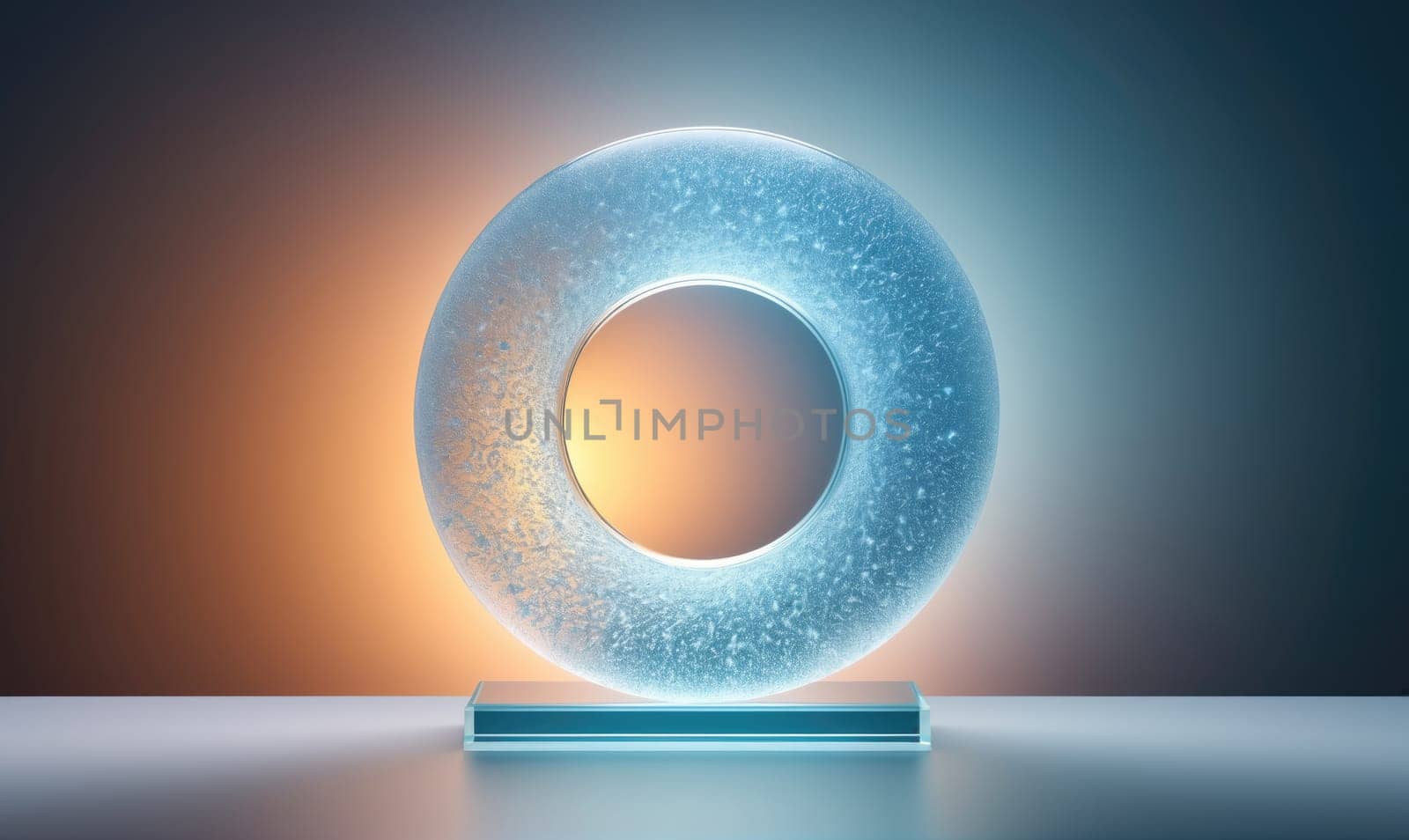 A glass sculpture shaped like a ring sits on a clear, rectangular glass base. The sculpture is illuminated from behind, creating a halo effect