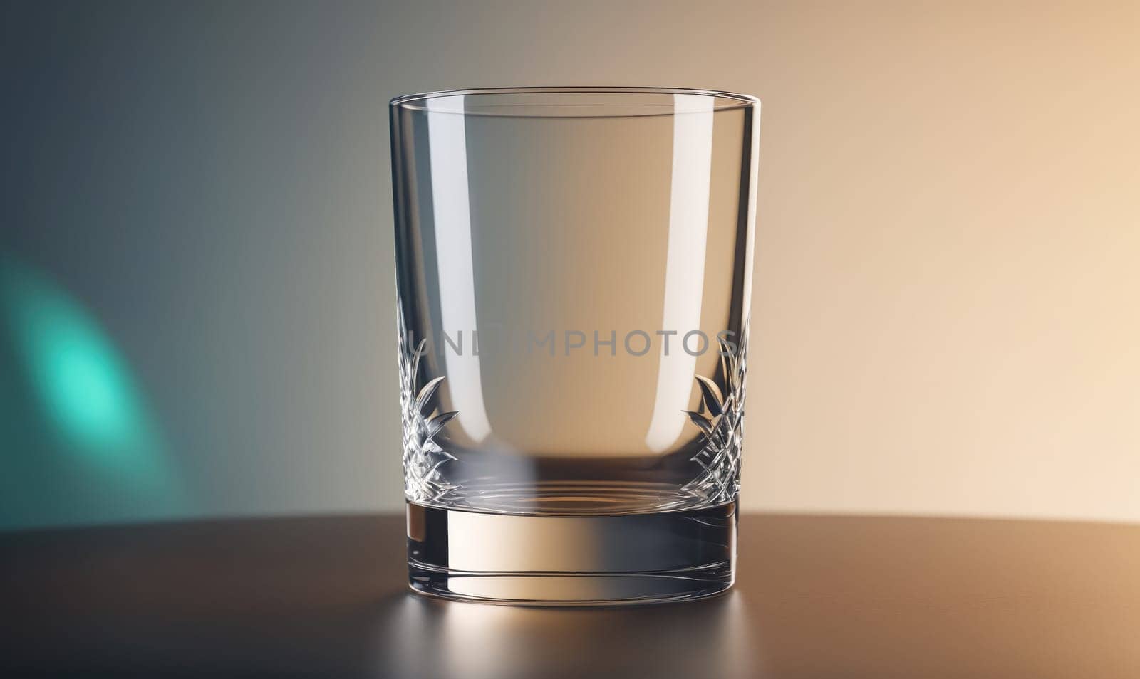 A tall, clear glass with an etched design is on a brown table. The glass is empty. The background is blurry and appears to be a window with sunlight streaming through.