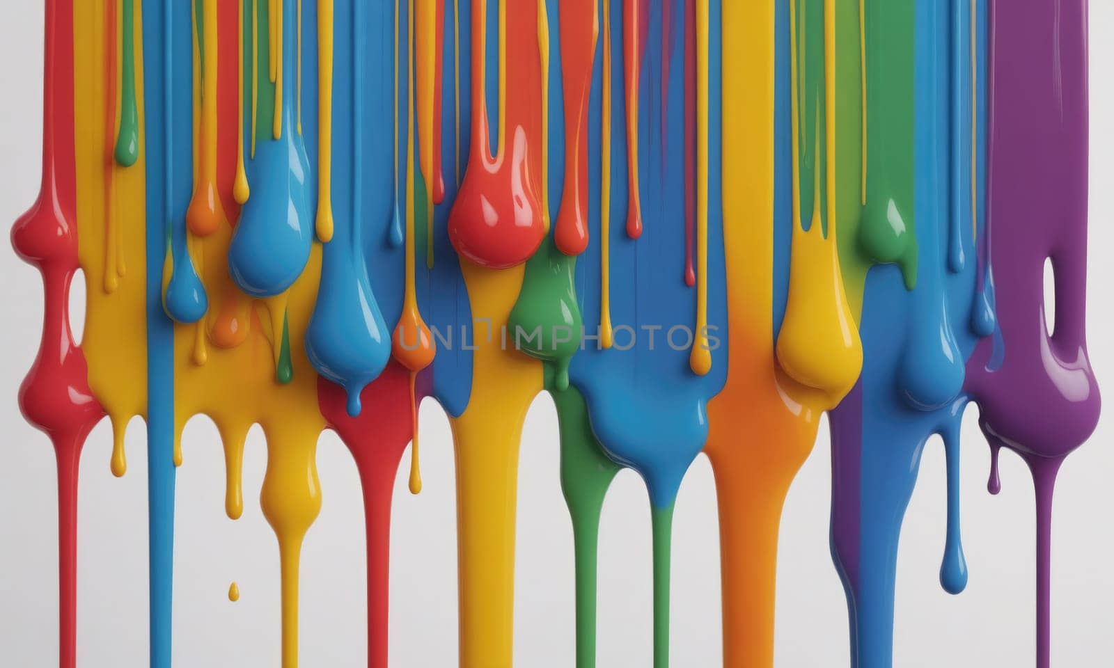 Multiple streams of paint in various colors drip down a white background. The paint is thick and glossy, forming drops and streaks as it flows.