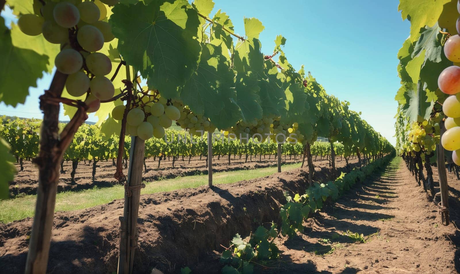A long row of grapevines with green leaves and ripe grapes stretches out on a sunny day. The vines are growing along a trellis in a neat row. The ground is a mixture of dirt and grass.