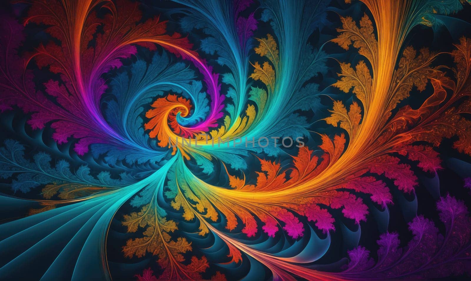 A digitally created image of a swirling, rainbow-colored fractal pattern. The fractal resembles leaves twisting and turning around a central point. The background is a dark, almost black, color.