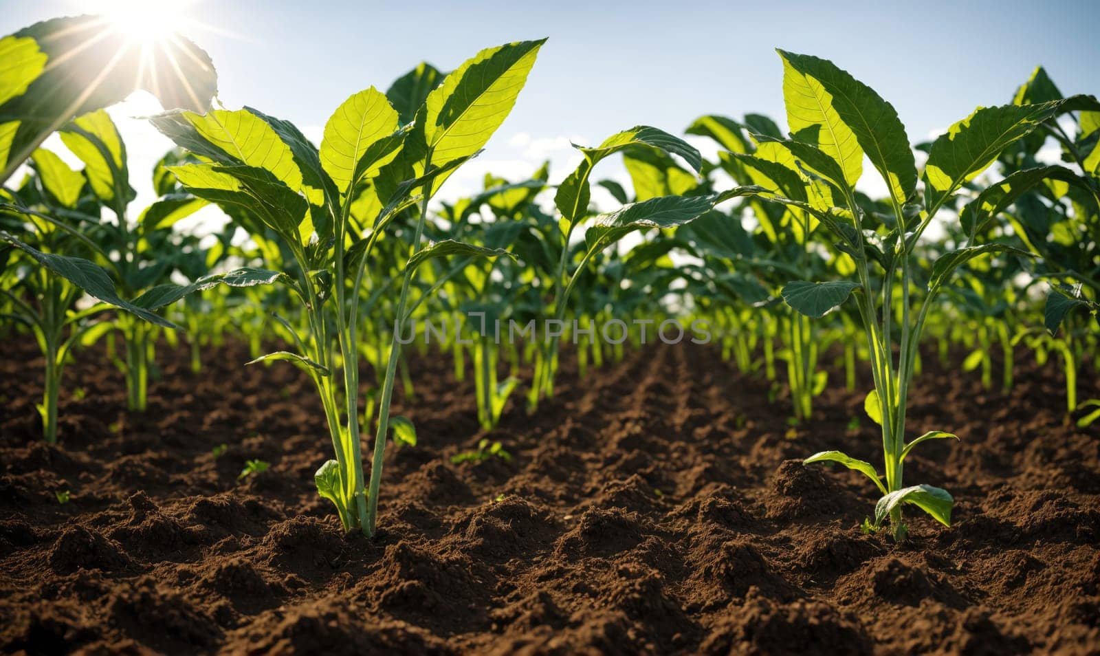 Rows of green bean plants growing in a field, with the sun shining brightly overhead. The soil is dark and rich, providing nourishment for the plants.