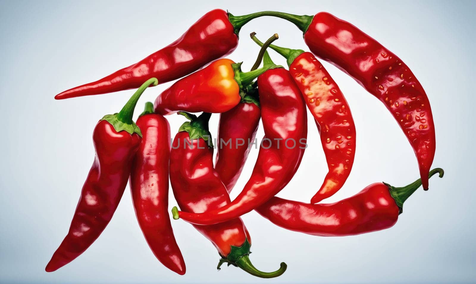 Several red chili peppers are shown arranged in a circle on a light blue background. The peppers are all pointed upwards, with the stems of some of the peppers at the bottom of the circle.
