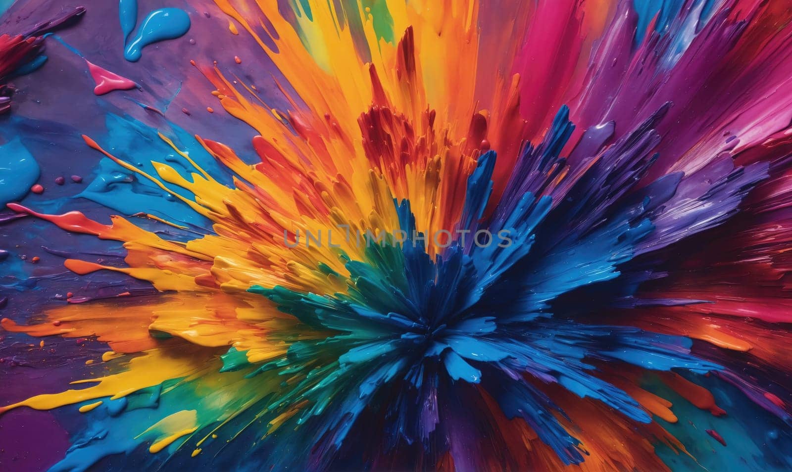 A close-up of a colorful paint explosion. The colors are bright and vibrant, and the paint splatters are arranged in a chaotic and dynamic pattern.