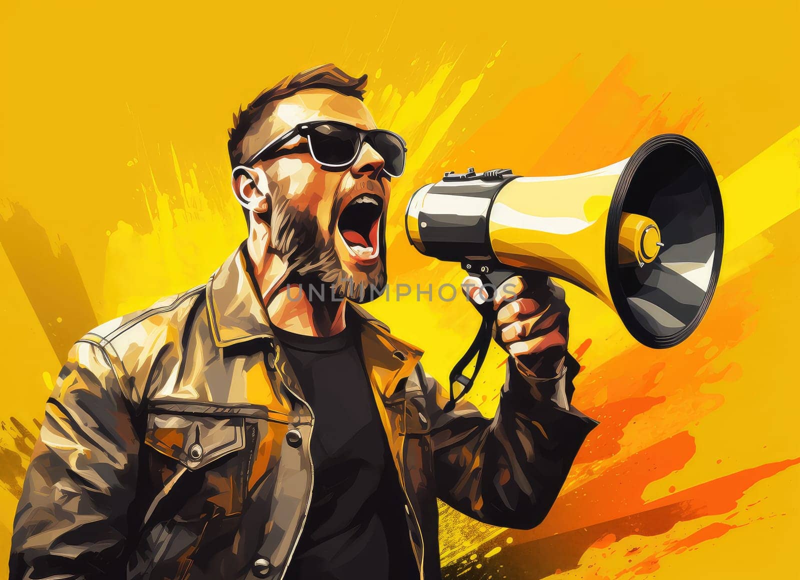 Pop art vector poster of an emotional man with a megaphone