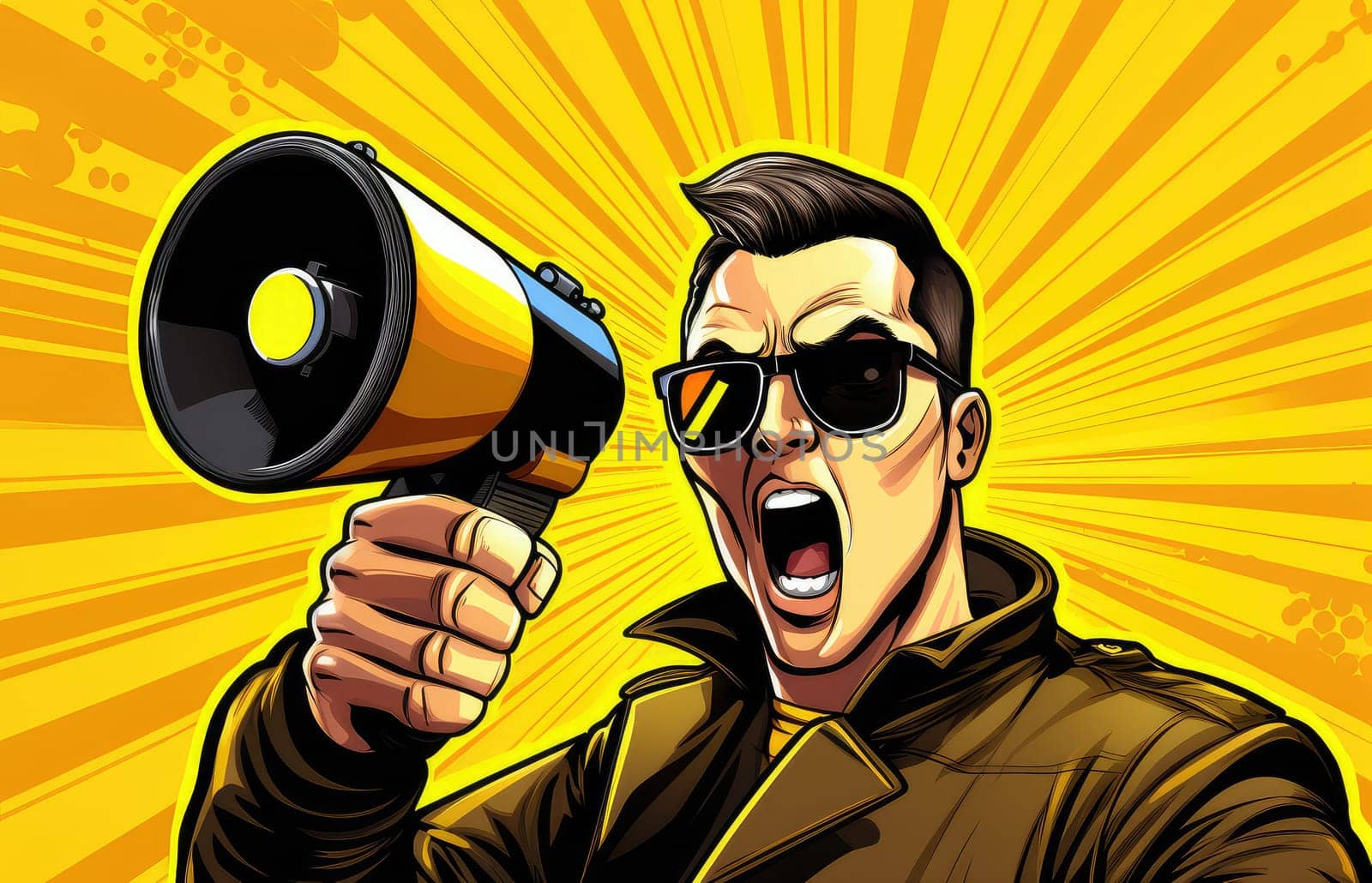 Pop art vector poster of an emotional man with a megaphone