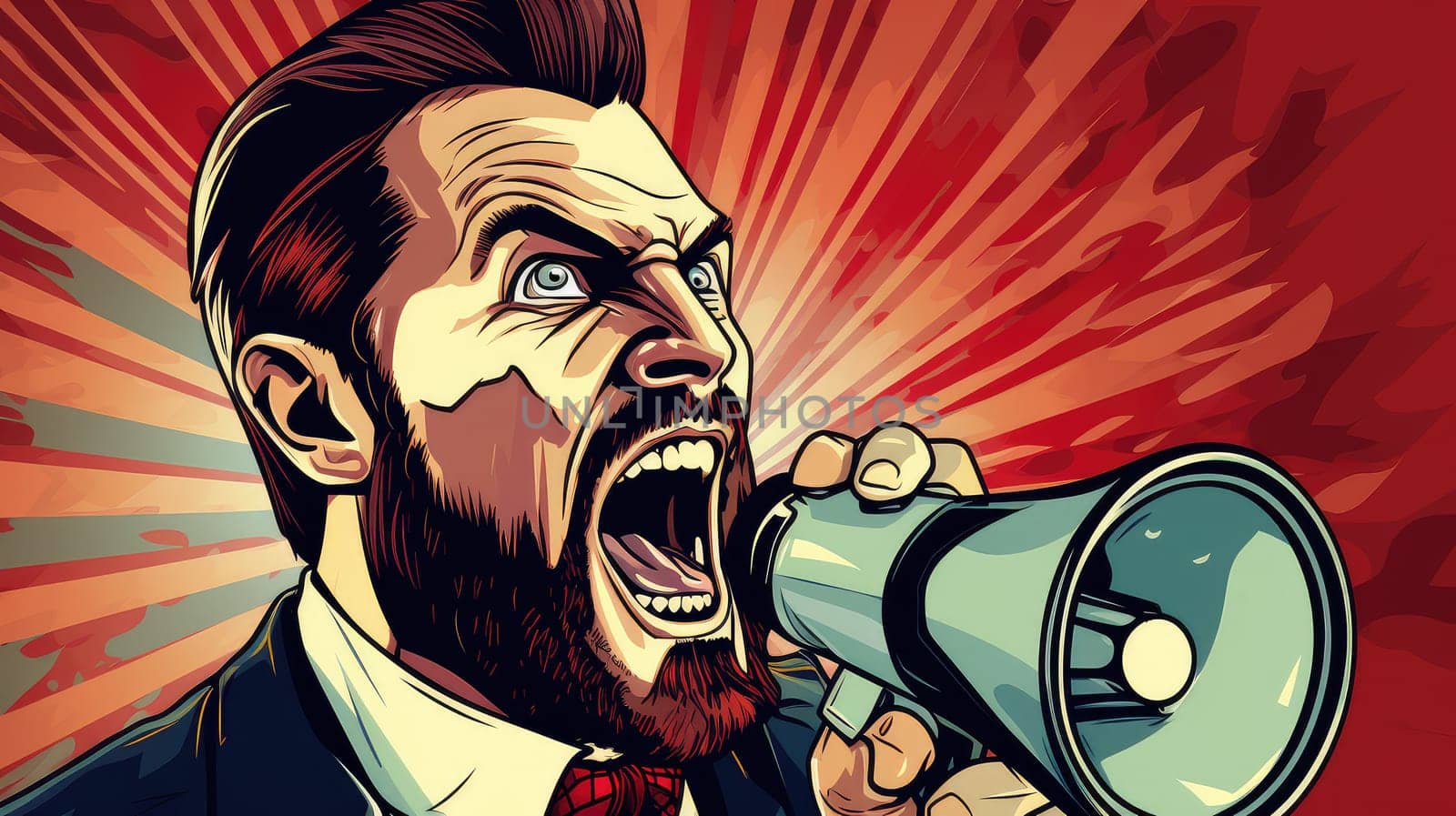 Pop art vector poster of an emotional man with a megaphone