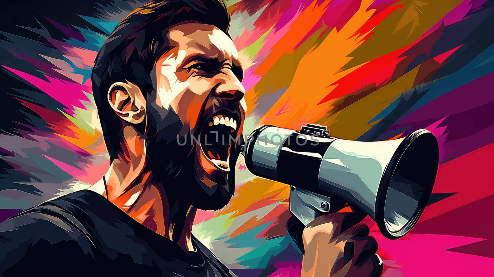 Pop art vector poster of an emotional man with a megaphone