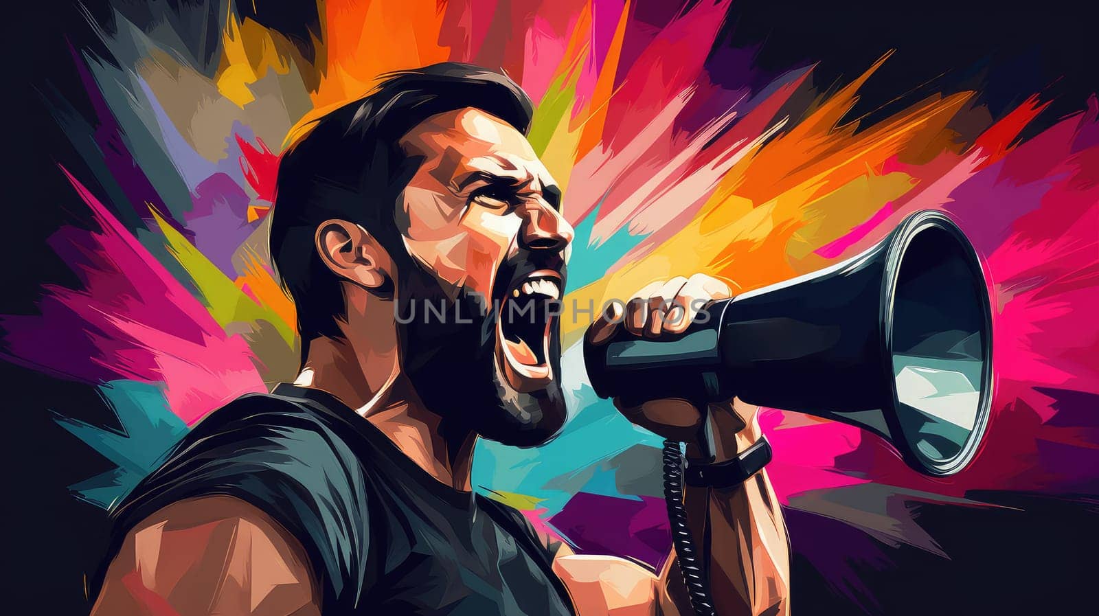 Pop art vector poster of an emotional man with a megaphone