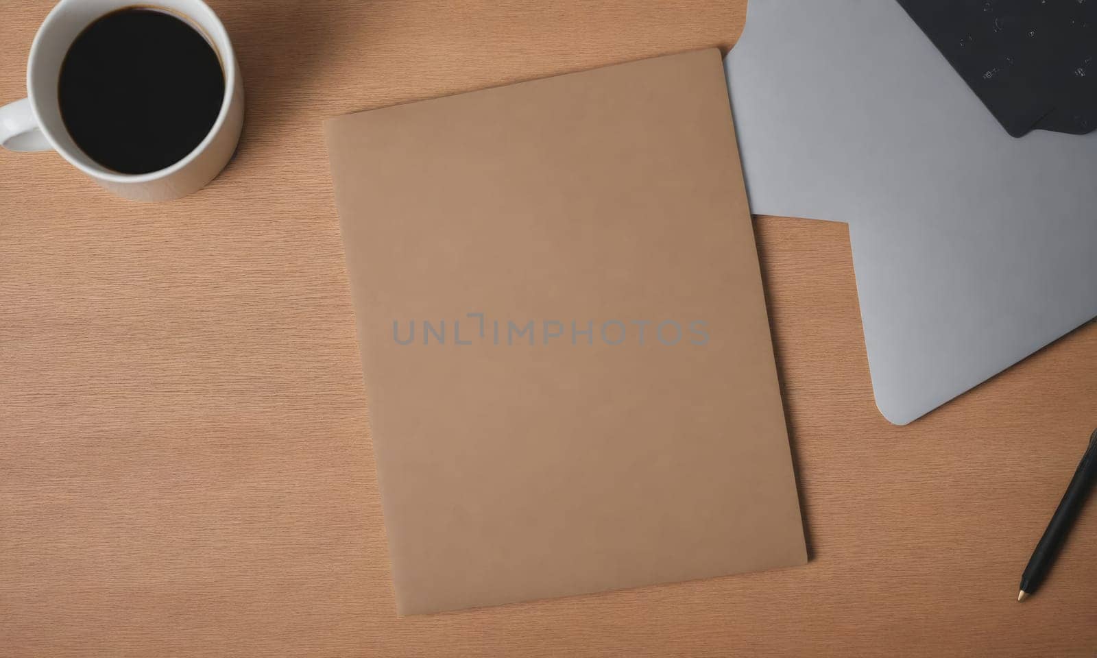 A brown envelope is on a wooden desk. There is a cup of coffee to the left and a laptop to the right.