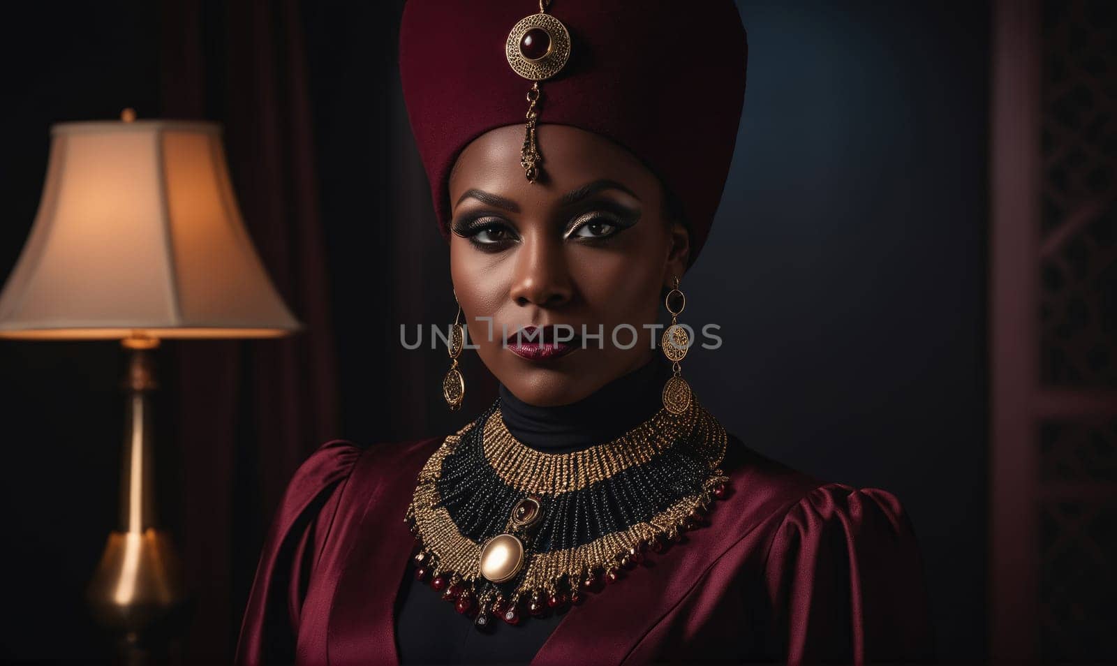 A woman with dark skin and dark hair, wearing a dark red headdress and a gold necklace, is looking directly at the camera. She is wearing dark red clothing