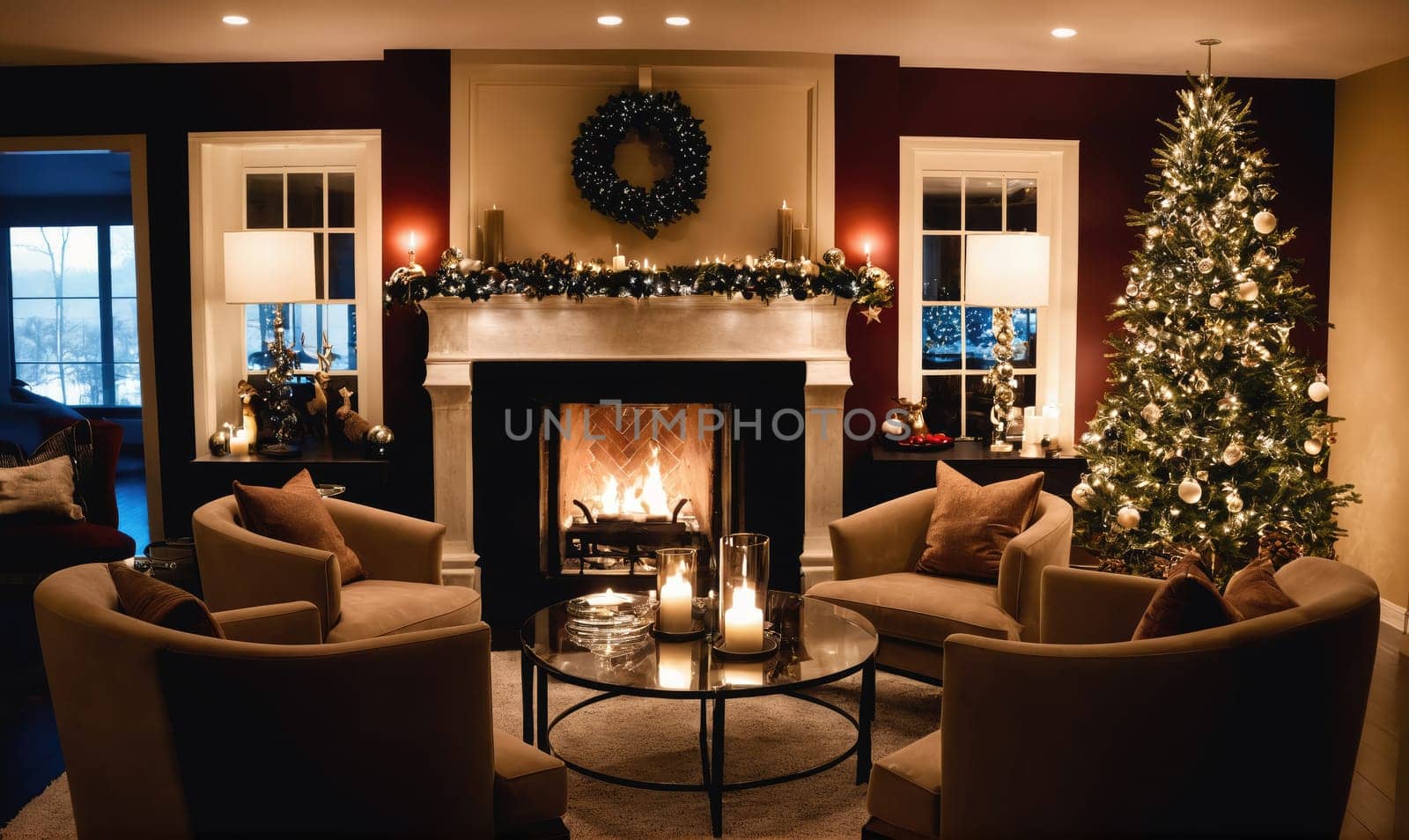 A living room with a lit fireplace and a decorated Christmas tree is seen