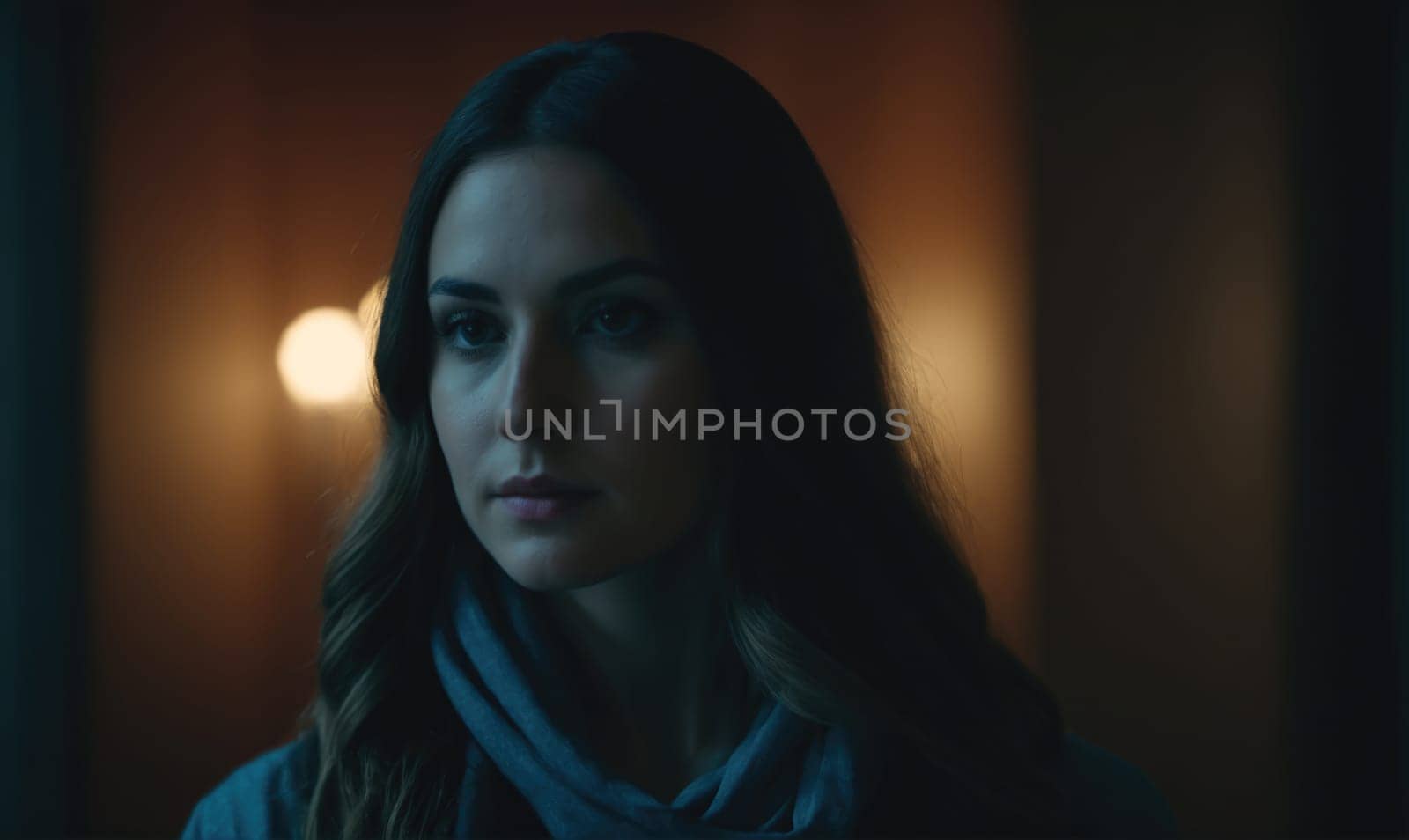 A woman with long, dark hair stands in a dimly lit room. She is wearing a blue sweater and looks focused on something to the side