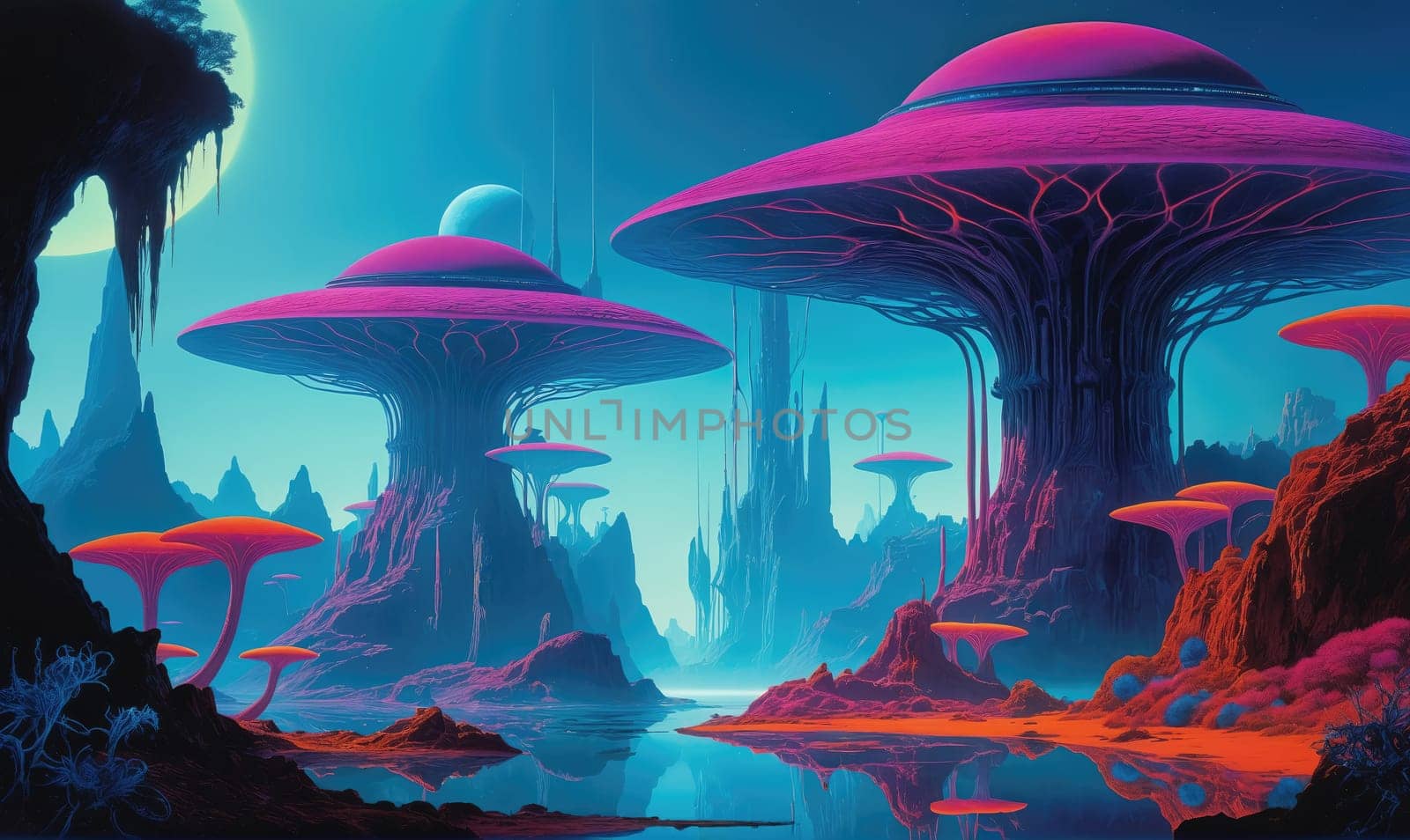 The image shows a colorful alien world with tall, thin, blue-grey rock formations in the background. A river runs through the foreground, reflecting the bright blue sky
