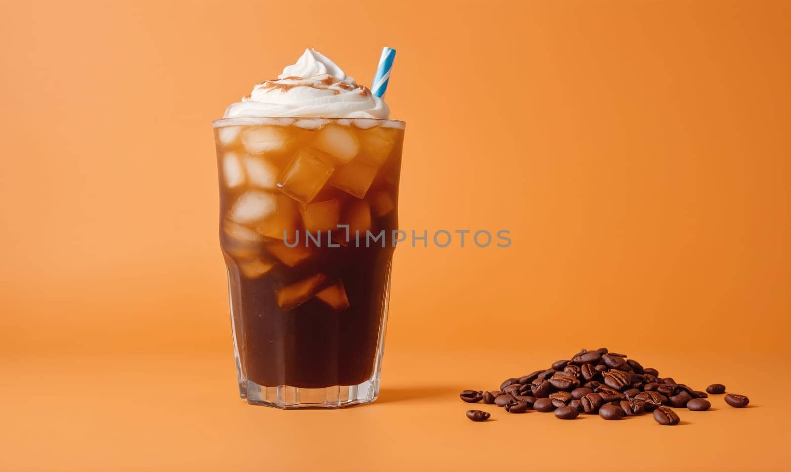 A glass of iced coffee sits on an orange background. The coffee is topped with whipped cream and a straw. A small pile of coffee beans lies to the right of the glass.