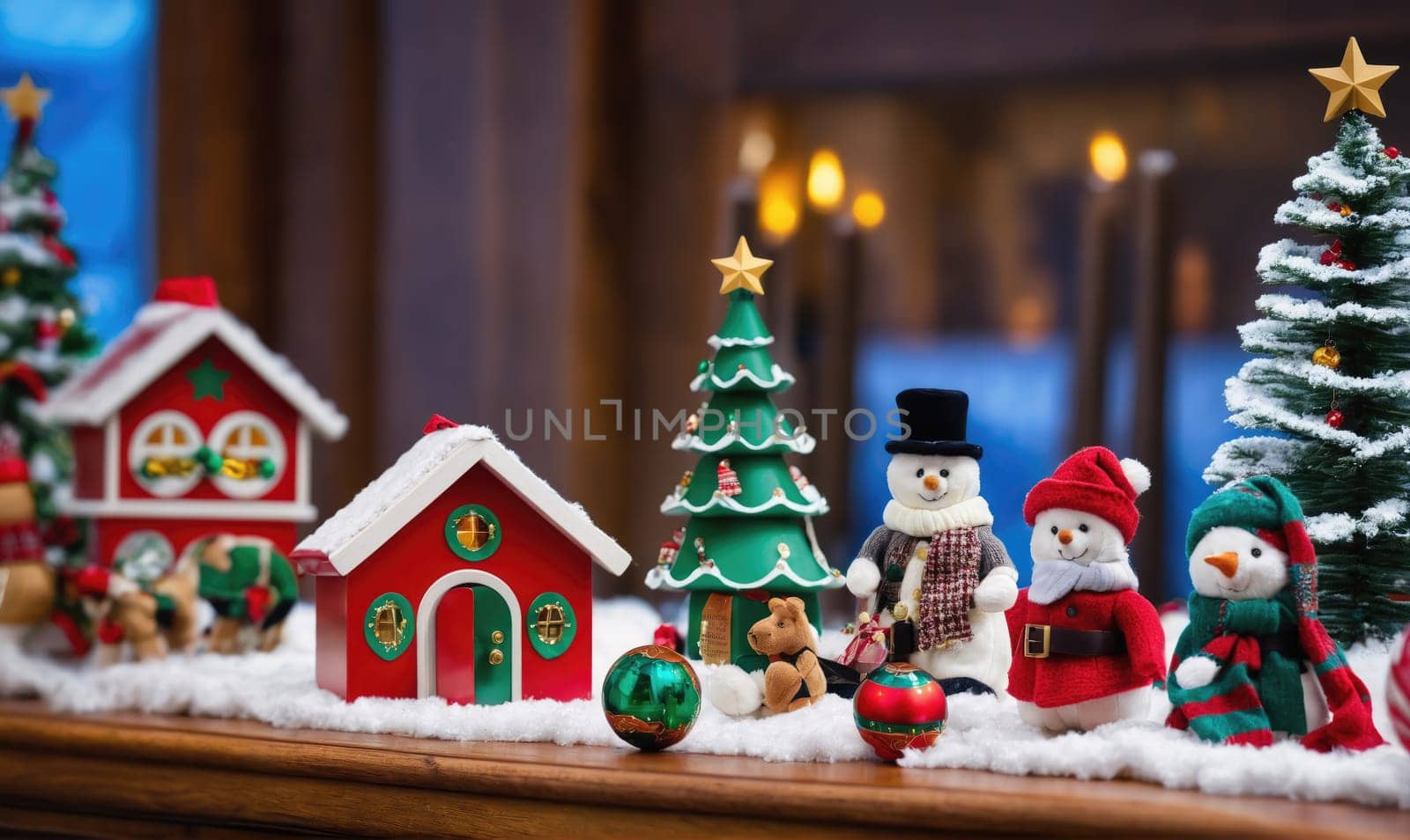 A tabletop scene features two small red houses, two snowmen, a miniature Christmas tree, and other Christmas decorations. There is a larger Christmas tree in the background.